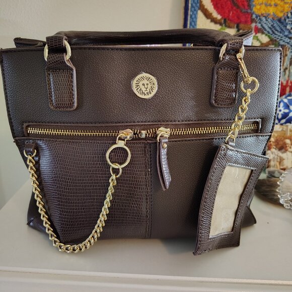 Elegant Brown Anne Klein Satchel w/ Textured Faux Leather + Gold Tone Hardware - Picture 13 of 16